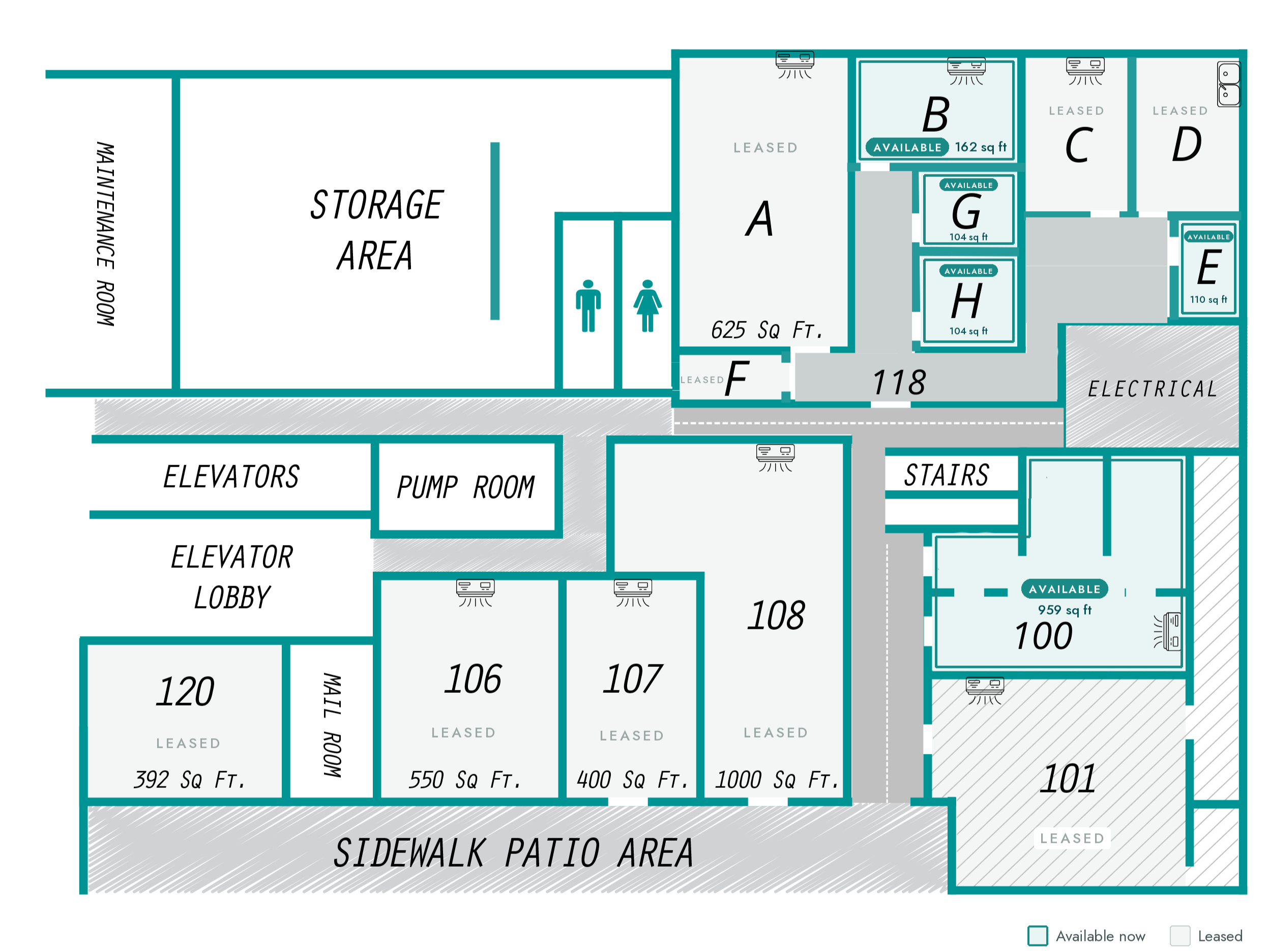 Ground floor map of 620 Peachtree St NE. Available units outlined in teal: Suite 100 (959 sq ft) and Suites 118-B (162 sq ft), 118-E (110 sq ft), 118-G (104 sq ft) and 118-H (104 sq ft). All other units shown in gray as leased.